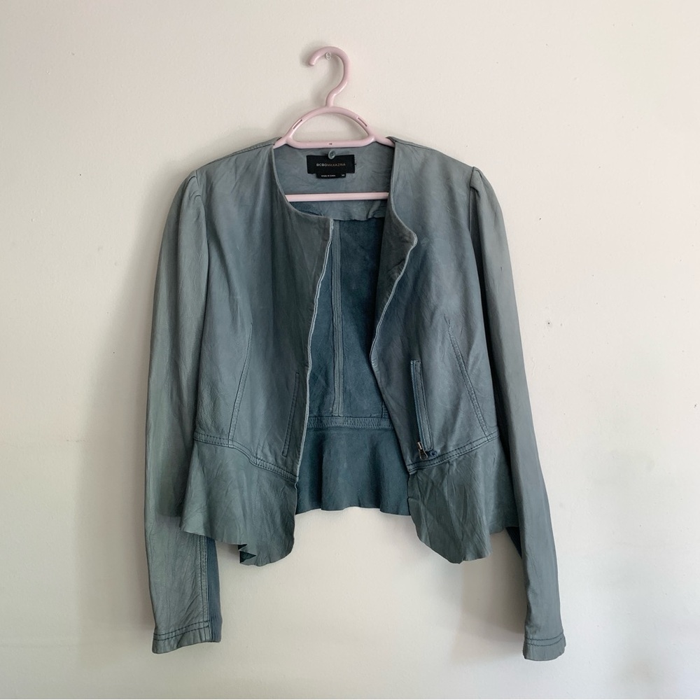 Bcbgmaxazria Women's Natural Leather Jacket Light  Blue Gray (S/XS)